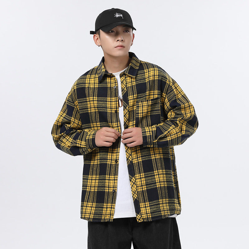 American Retro Plaid For Men Spring And Autumn Loose Casual Bottoming Shirt