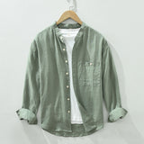 Stand Collar Long Linen Sleeves Shirt Casual Loose