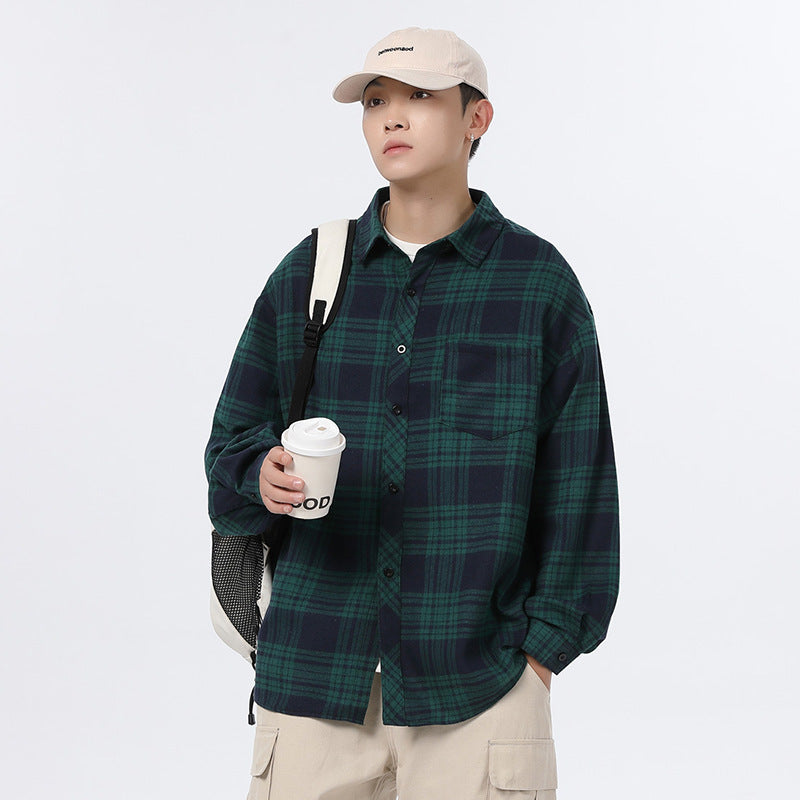 American Retro Plaid For Men Spring And Autumn Loose Casual Bottoming Shirt