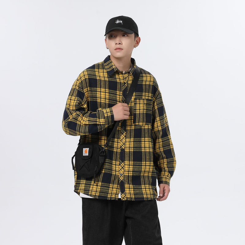 American Retro Plaid For Men Spring And Autumn Loose Casual Bottoming Shirt