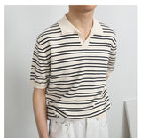 V-neck Ice Silk Striped Polo Shirt Men's Short-sleeved Lapel T-shirt