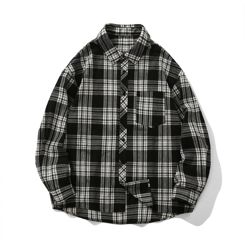 American Retro Plaid For Men Spring And Autumn Loose Casual Bottoming Shirt