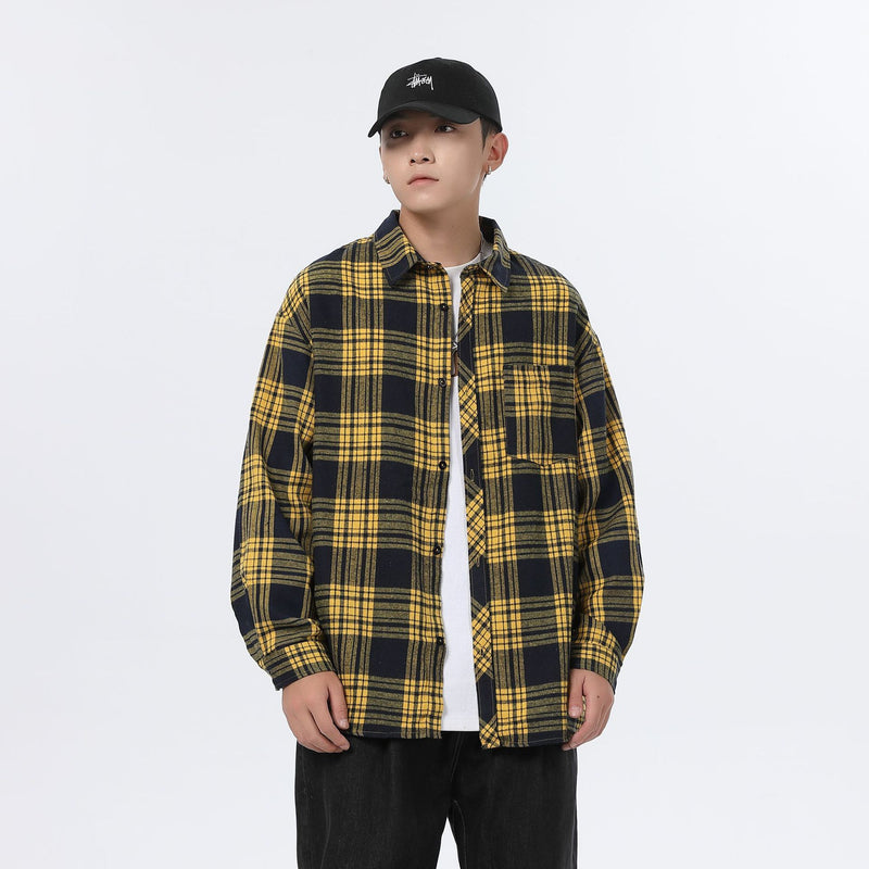 American Retro Plaid For Men Spring And Autumn Loose Casual Bottoming Shirt