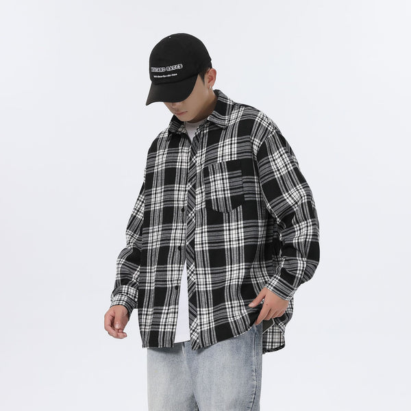 American Retro Plaid For Men Spring And Autumn Loose Casual Bottoming Shirt