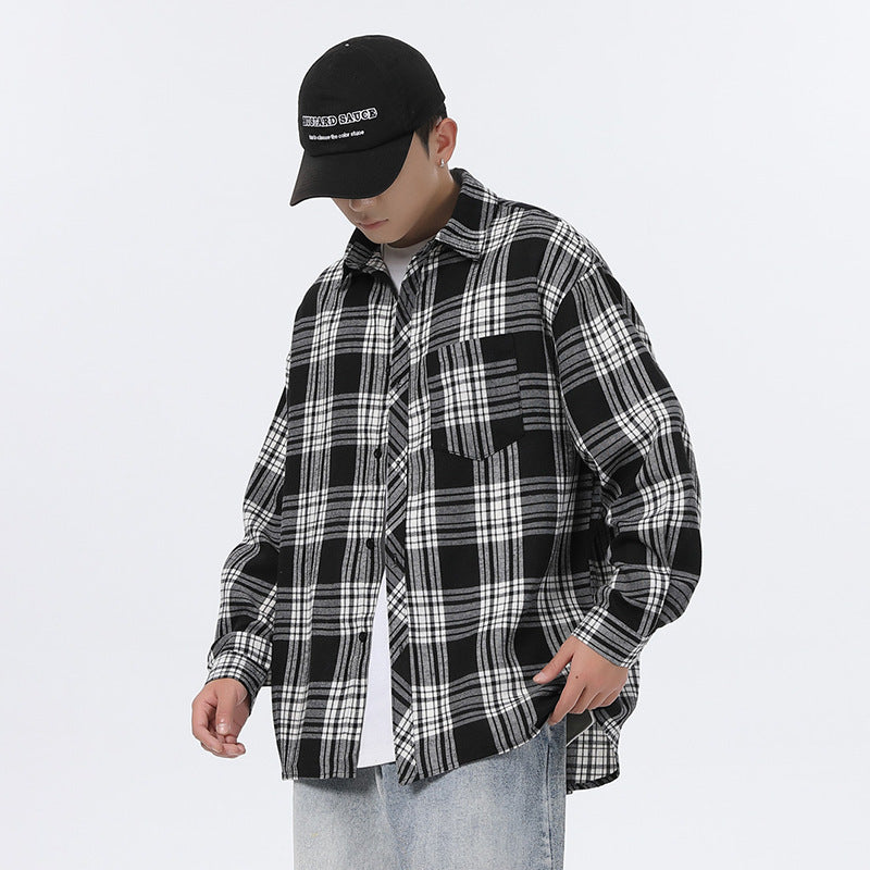 American Retro Plaid For Men Spring And Autumn Loose Casual Bottoming Shirt